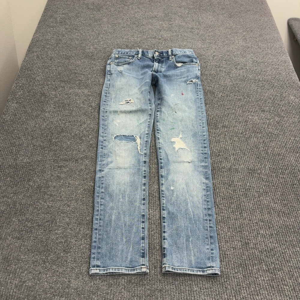Uniqlo Jeans Mens 29 Blue Cotton Spandex Distressed Paint Splatter Grunge Style